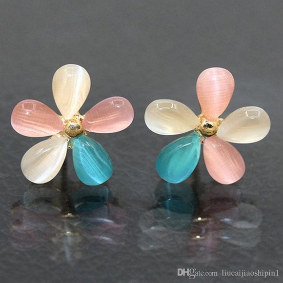 Jewelry - NEW! Blue Pink White Gems Cat's Eye Glass Flower STUD Gold Plated Daisy Earrings